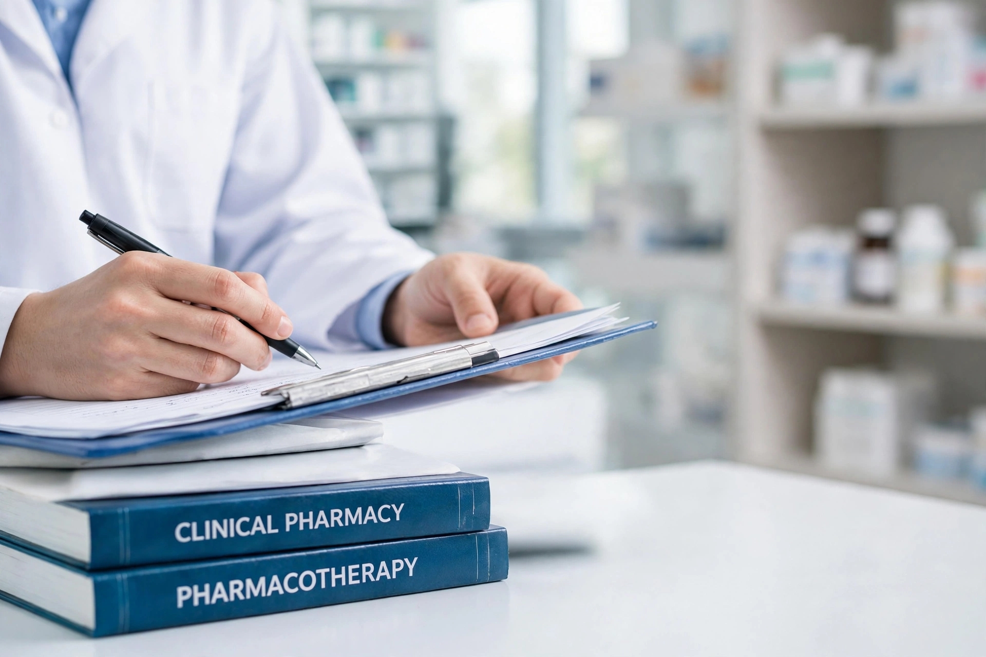 A pharmacist reviewing patient notes on a clipboard, with Clinical Pharmacy and Pharmacotherapy reference books on the desk
